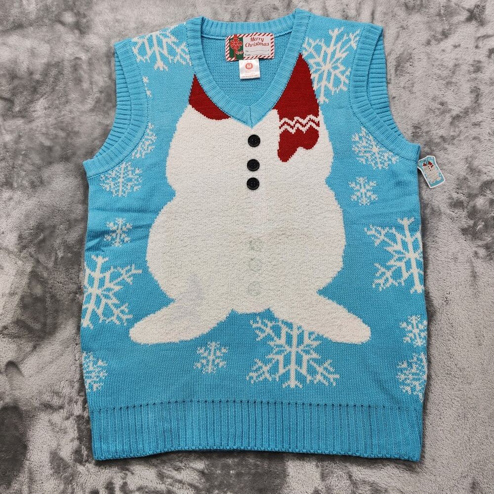 NEW Ugly Christmas Sweater Vest Womens M Blue Frosty The Snowman V-Neck Pullover